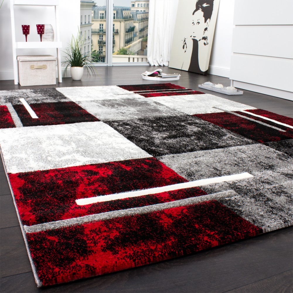 Designer Teppich Streifen Modell Grau Rot
